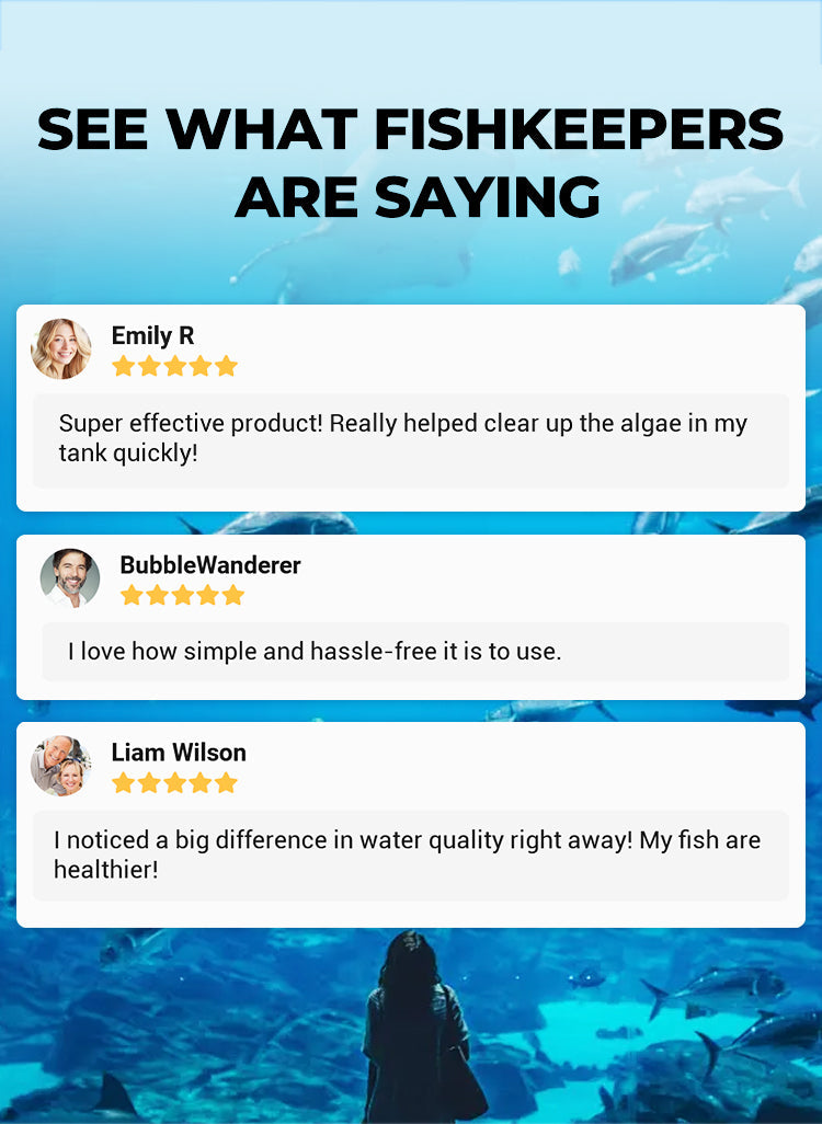 Testimonials from fishkeepers praising an aquarium water clarifier and algae control treatment product.