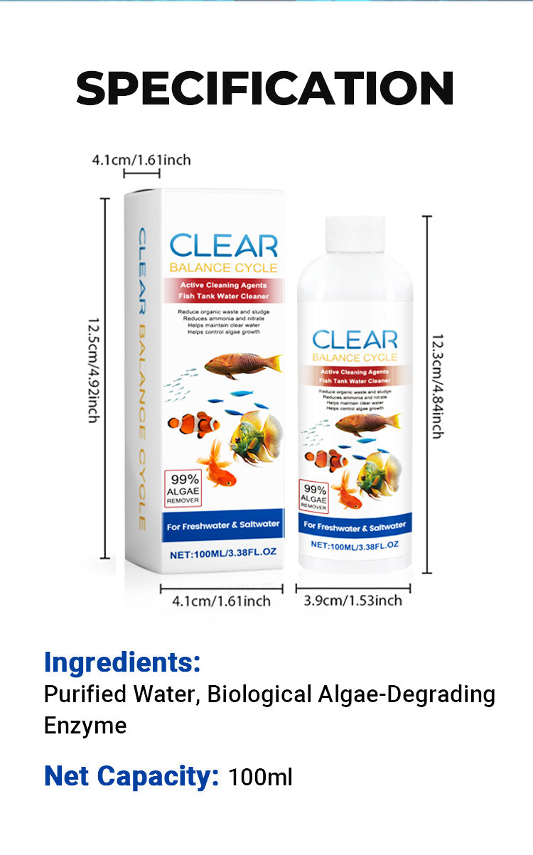 A bottle of Clear Balance Cycle active cleaning agents for fish tank water treatment and algae control.